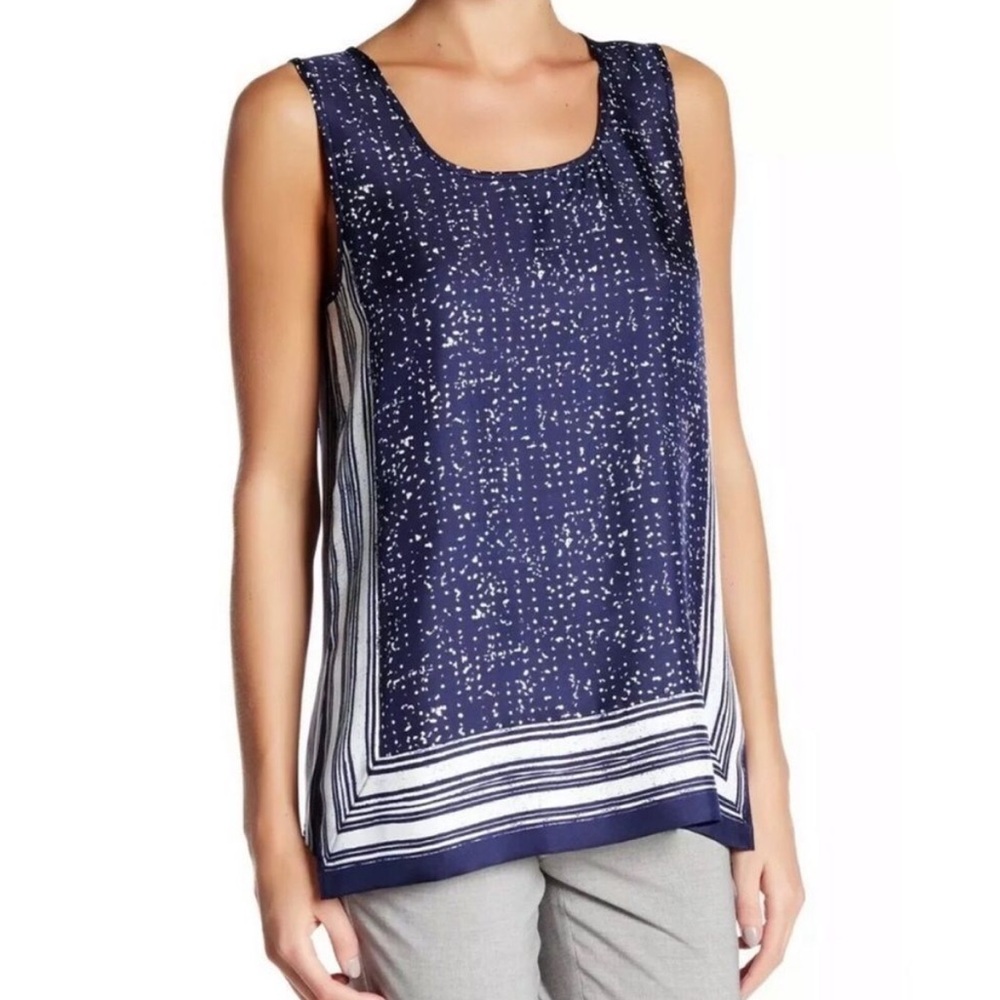 Vince 100% Silk Scarf Print Tank Navy Blue